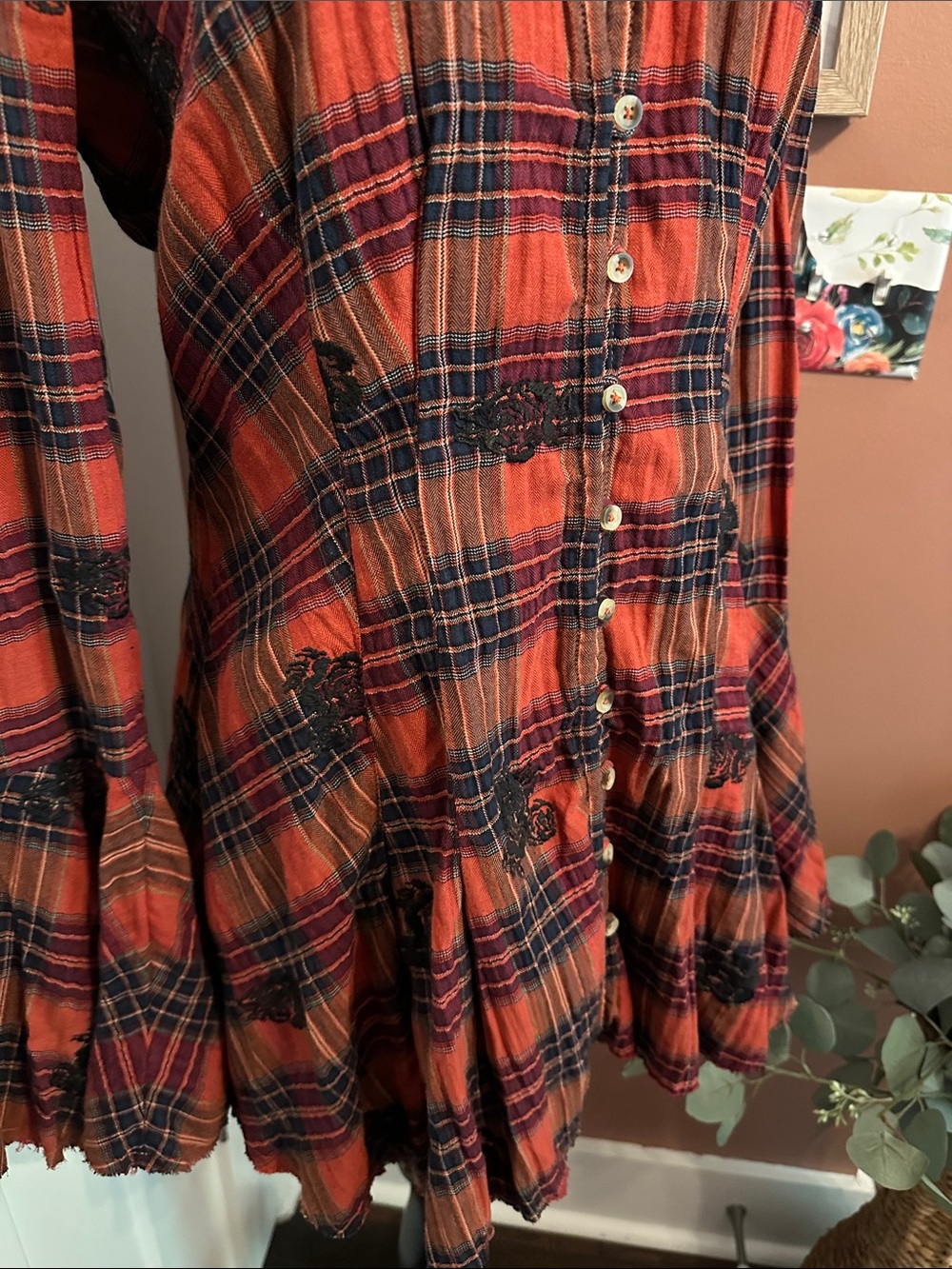 NWT Free People Ezra plaid embroidered button up bell cuff M raw edge tunic - Picture 6 of 16